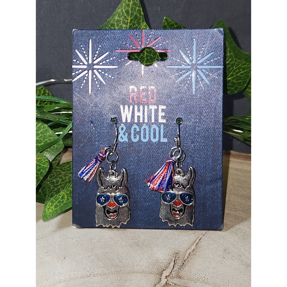 Llama Earrings With Red White And Blue Tassels and Sunglass No Llama Drama Here